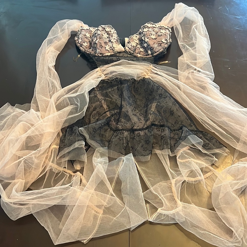Victoria Secret Pink and Black Tulle and Lace Flower Lingerie Size 34C